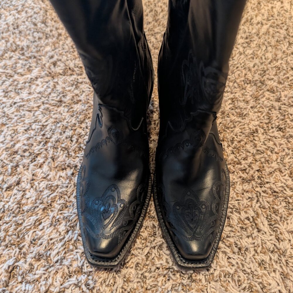 Tony Lama Black Leather Tall Western Cowboy Boots Women's 7.5B USA Made - Picture 7 of 10